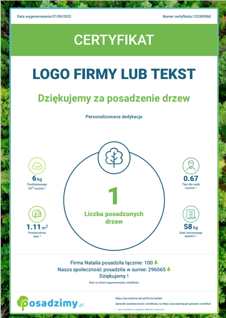 Certyfikat potwierdzający posadzenie drzewa od Posadzimy.pl - wzór 